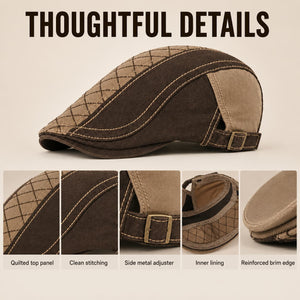 Gray cotton flat cap detail image with embroidered design and texture
