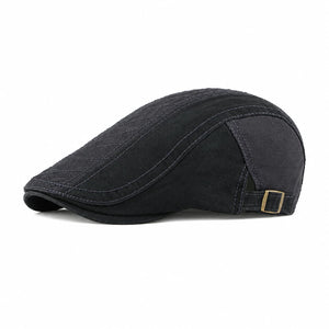 Gray cotton flat cap SKU image with adjustable side buckle