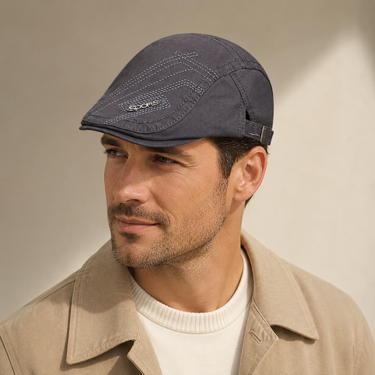 Male model wearing a gray cotton ivy flat cap with casual daily styling