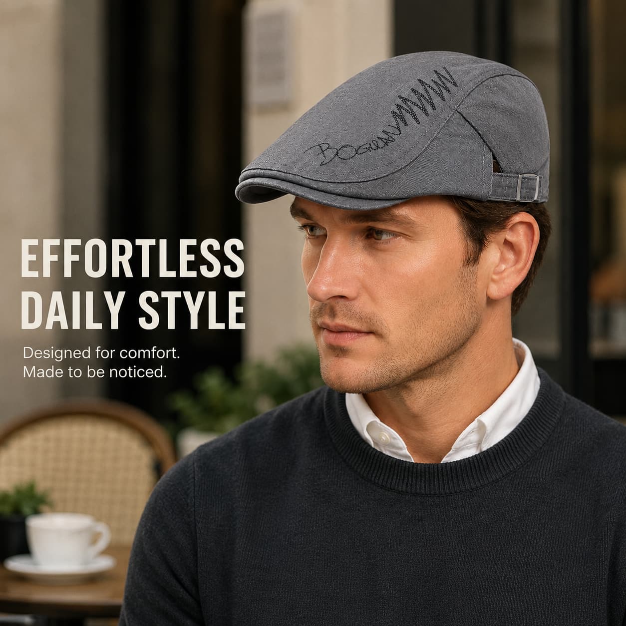 Gray flat cap styled with a refined daily outfit