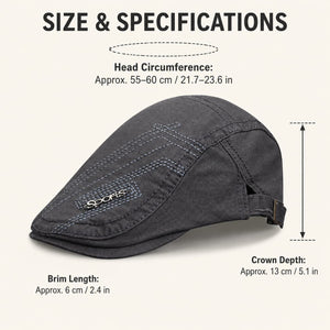 Gray flat cap size specifications with adjustable fit and short brim