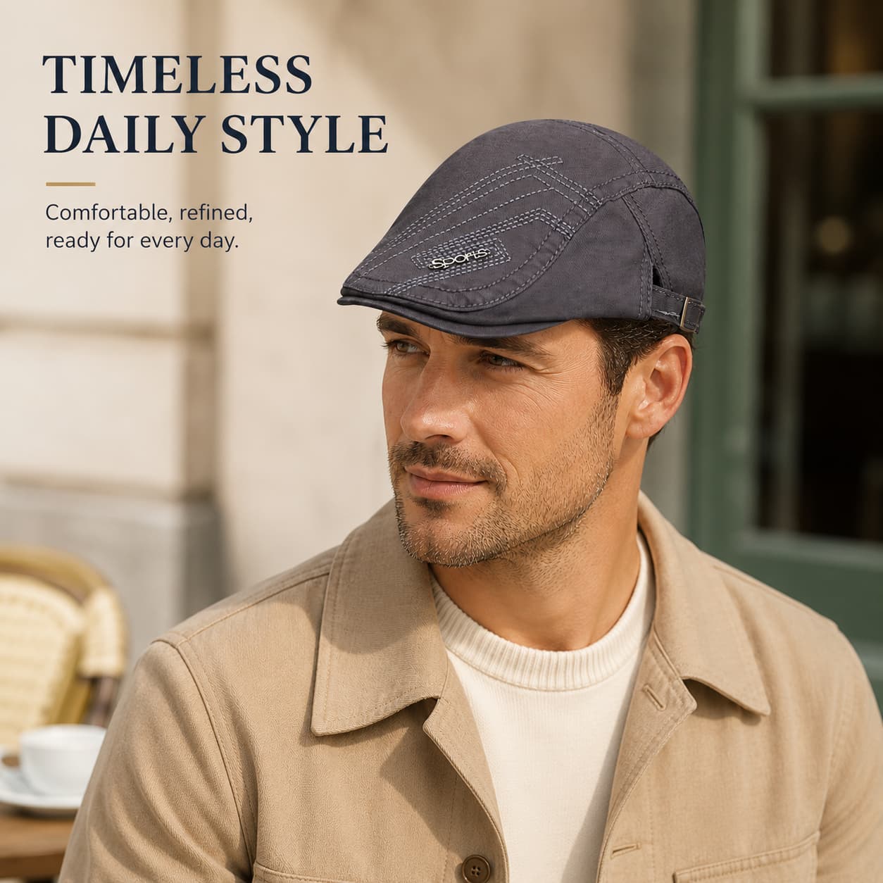 Gray flat cap on male model with timeless everyday style text