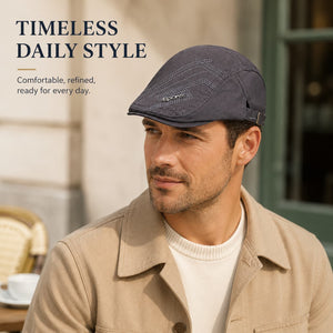 Gray flat cap on male model with timeless everyday style text