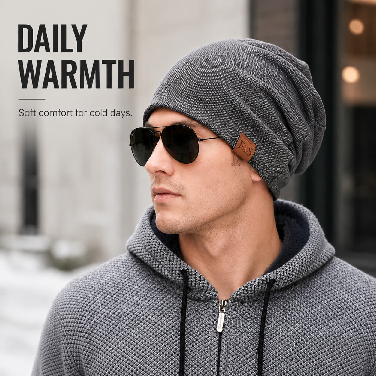 Gray slouchy winter beanie worn with a casual layered outfit
