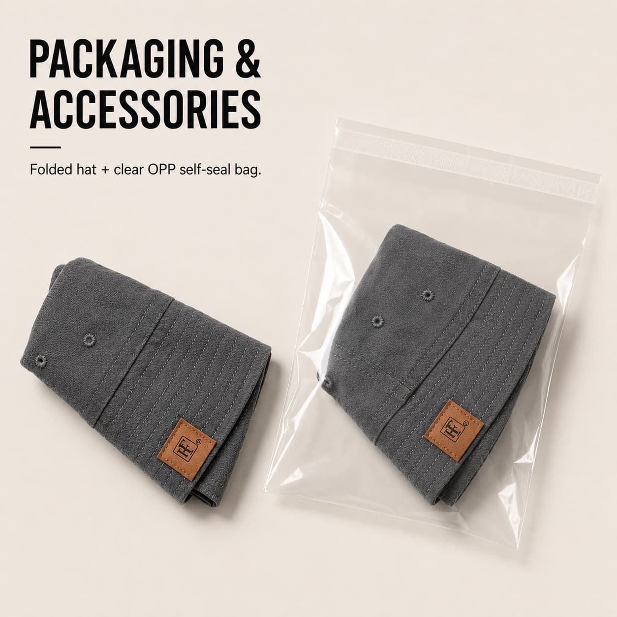 Folded gray cotton bucket hat with clear OPP self-seal packaging bag