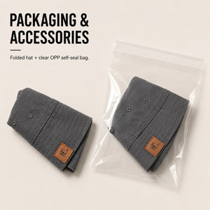 Folded gray cotton bucket hat with clear OPP self-seal packaging bag