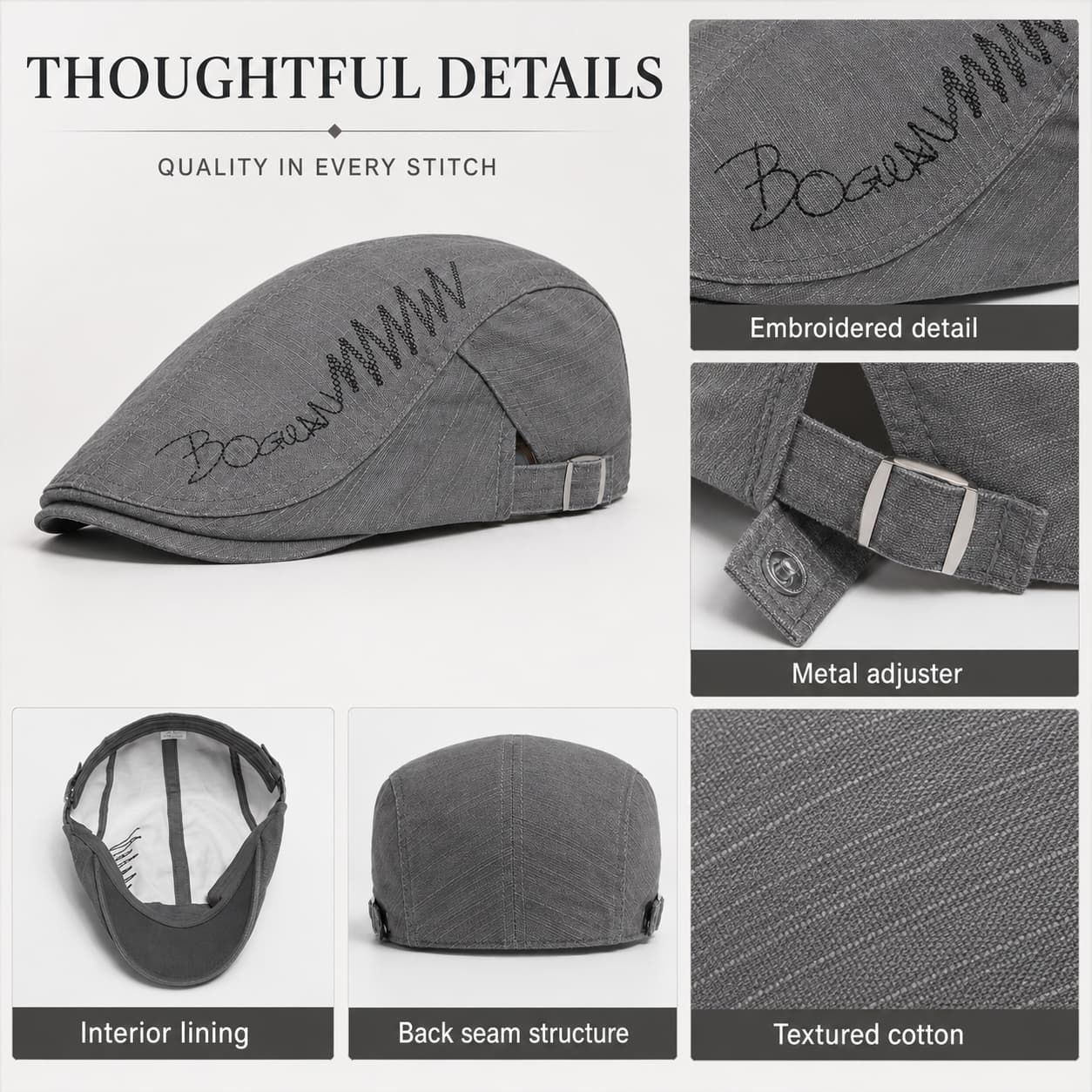 Gray cotton ivy cap shown with effortless daily style text