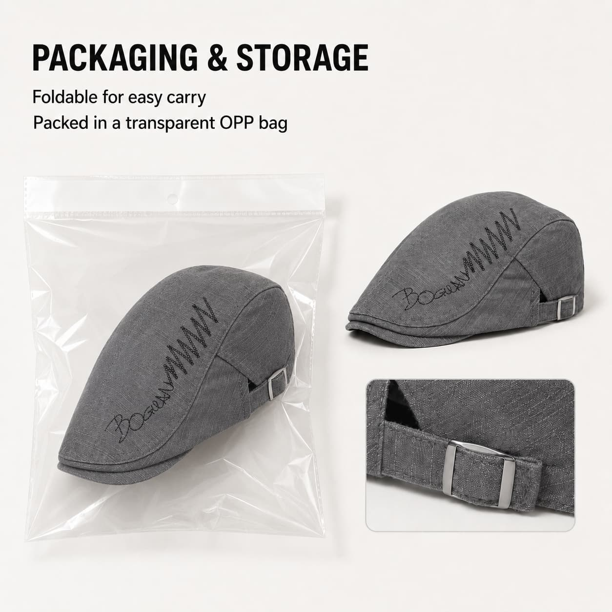 Gray ivy flat cap size and specifications with brim and crown measurements