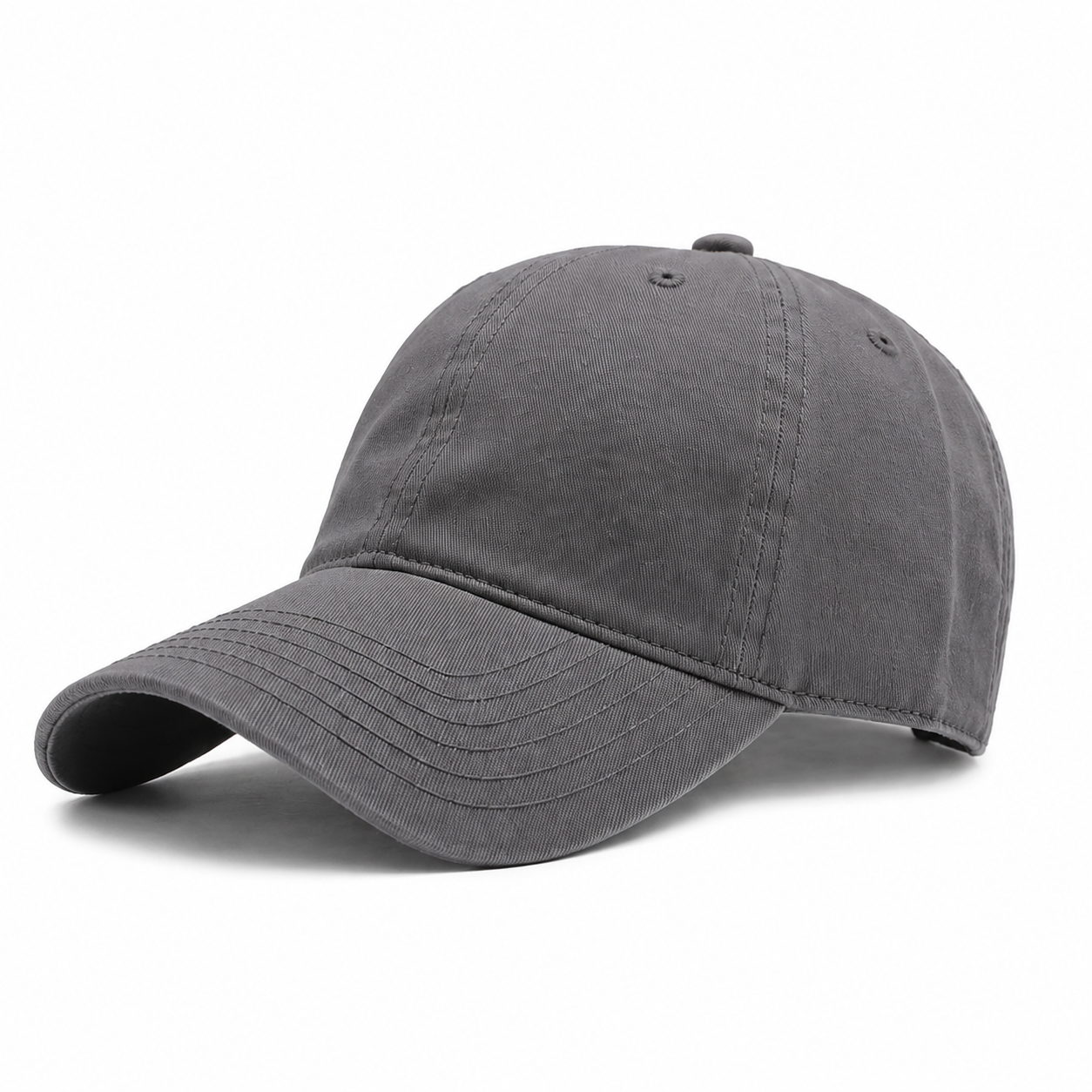 Gray men's cotton baseball cap with a curved brim, structured crown, and clean white background for product display.