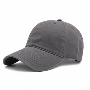 Gray men's cotton baseball cap with a curved brim, structured crown, and clean white background for product display.