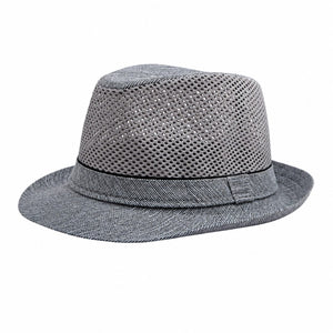 Gray men's mesh fedora hat with breathable crown, short brim, and classic warm-weather casual style on a clean white background.