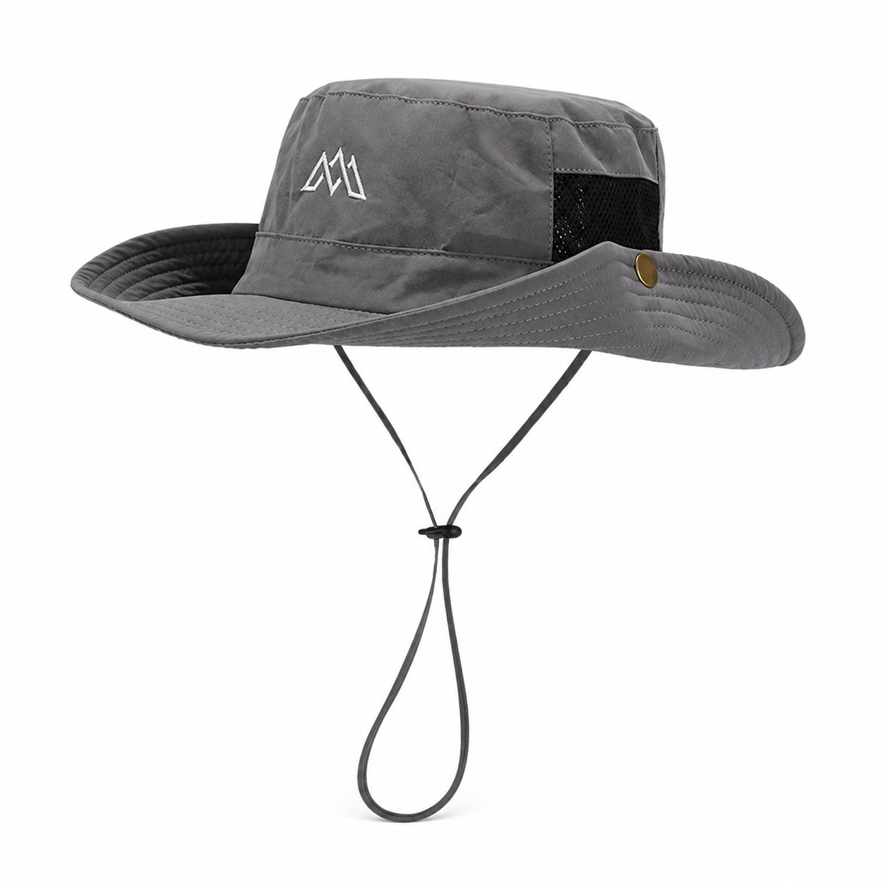 Gray men's outdoor wide brim sun hat with chin cord, breathable mesh side panel, and casual hiking style on a clean white background.