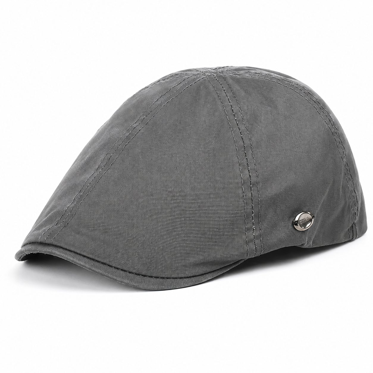 Gray men's vintage flat cap made from cotton fabric with classic stitching and a clean white background.