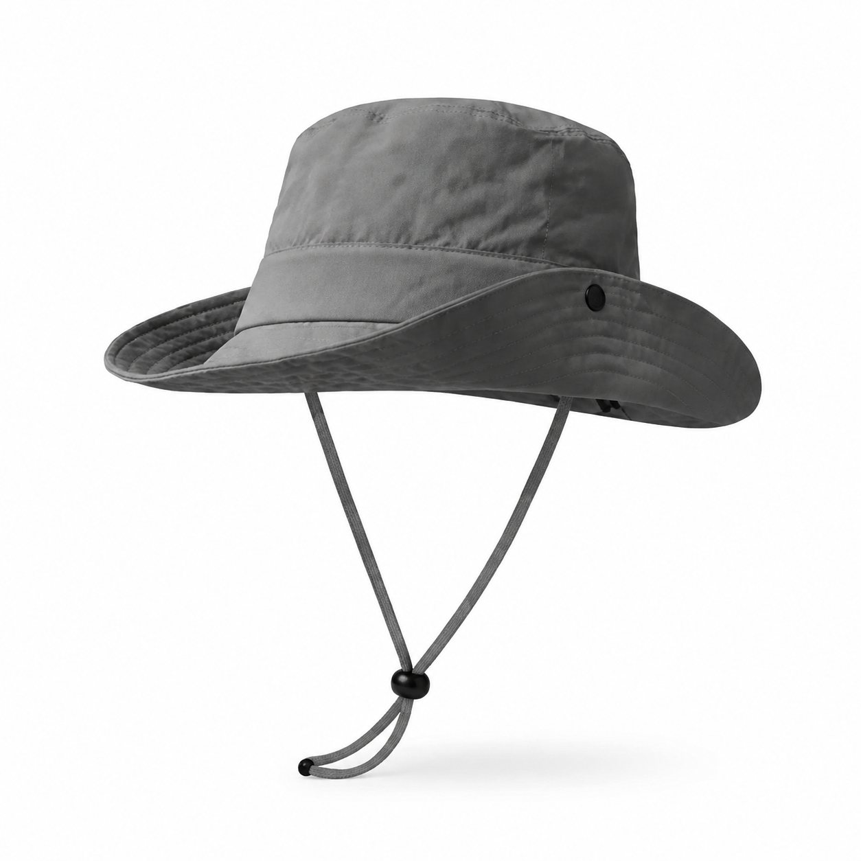 Gray outdoor sun protection wide brim hat with chin strap on a clean white background.