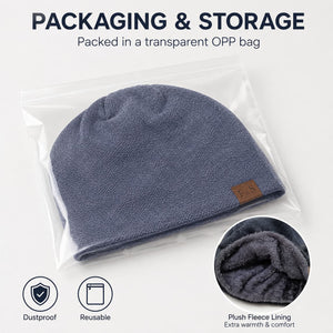 Gray fleece-lined beanie shown with transparent storage packaging
