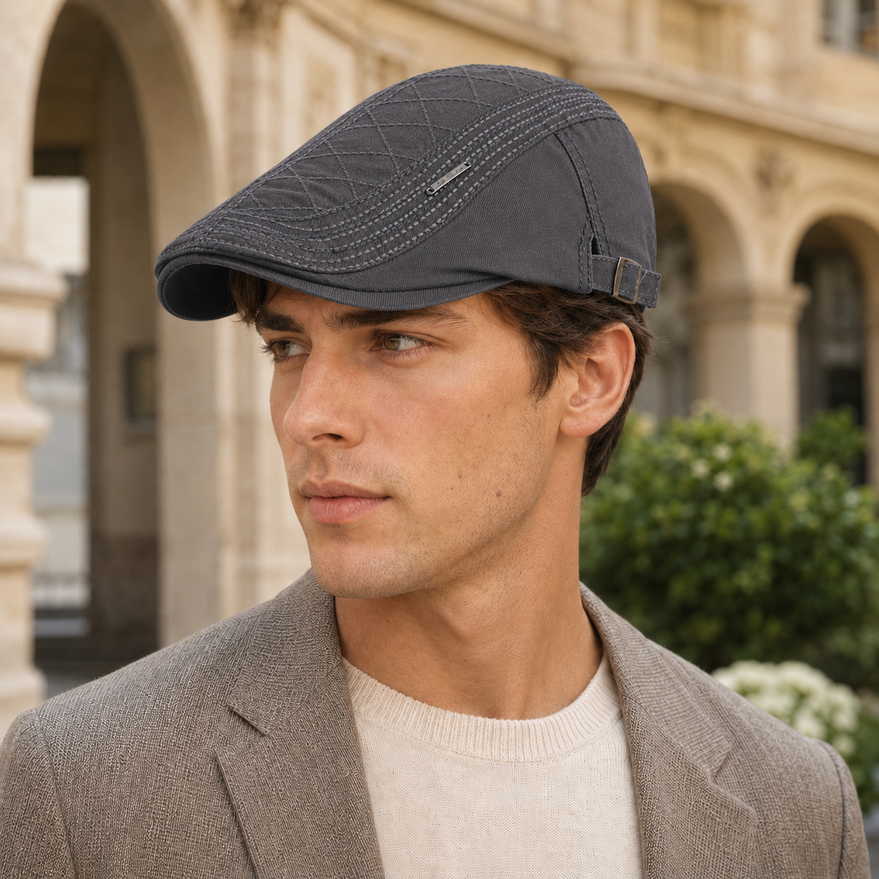 Gray vintage British flat cap worn by model with refined stitching and adjustable side buckle