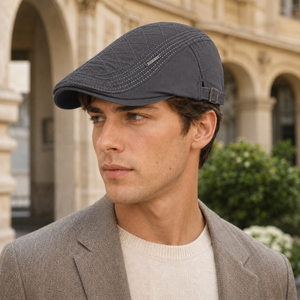 Gray vintage British flat cap worn by model with refined stitching and adjustable side buckle