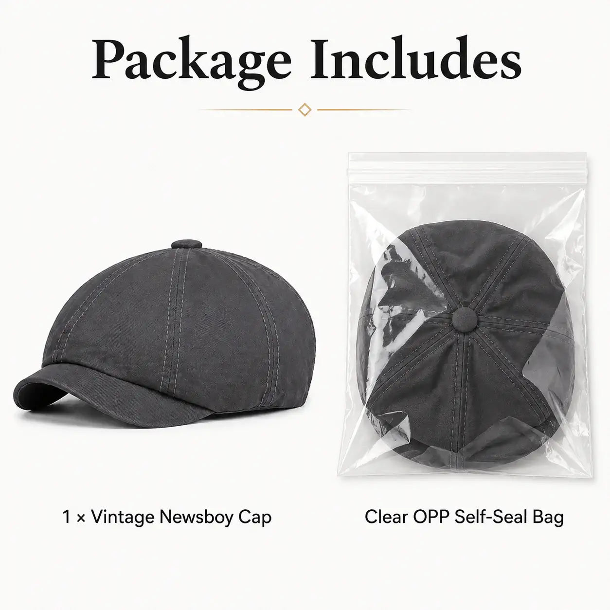 Gray vintage newsboy cap with soft cotton fabric curved brim and flexible elastic fit
