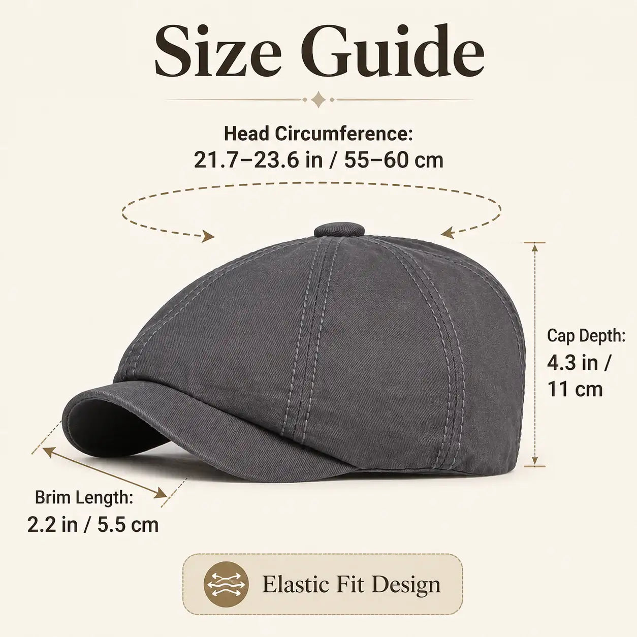 Gray cotton vintage newsboy cap with elastic back fit and breathable interior