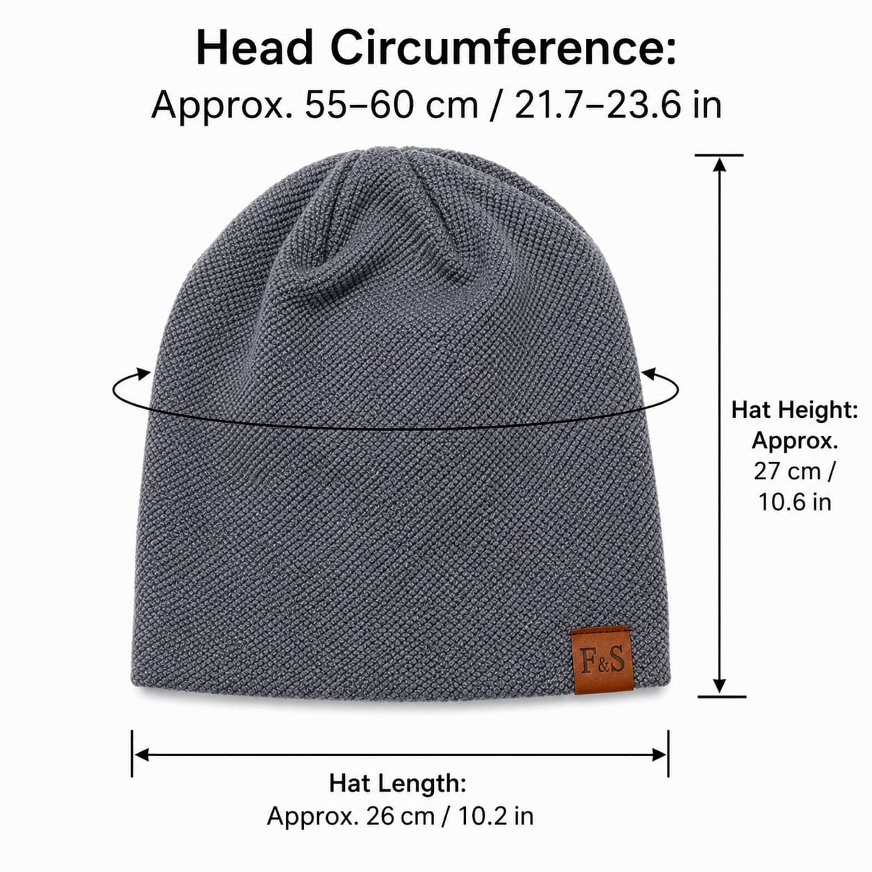 Gray slouchy beanie measurements and 55–60 cm head fit