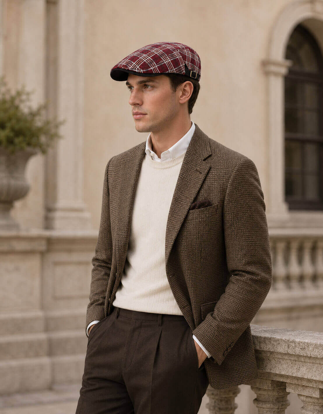 Male model wearing a red plaid flat cap from Hat Noble with a classic old money inspired menswear outfit.