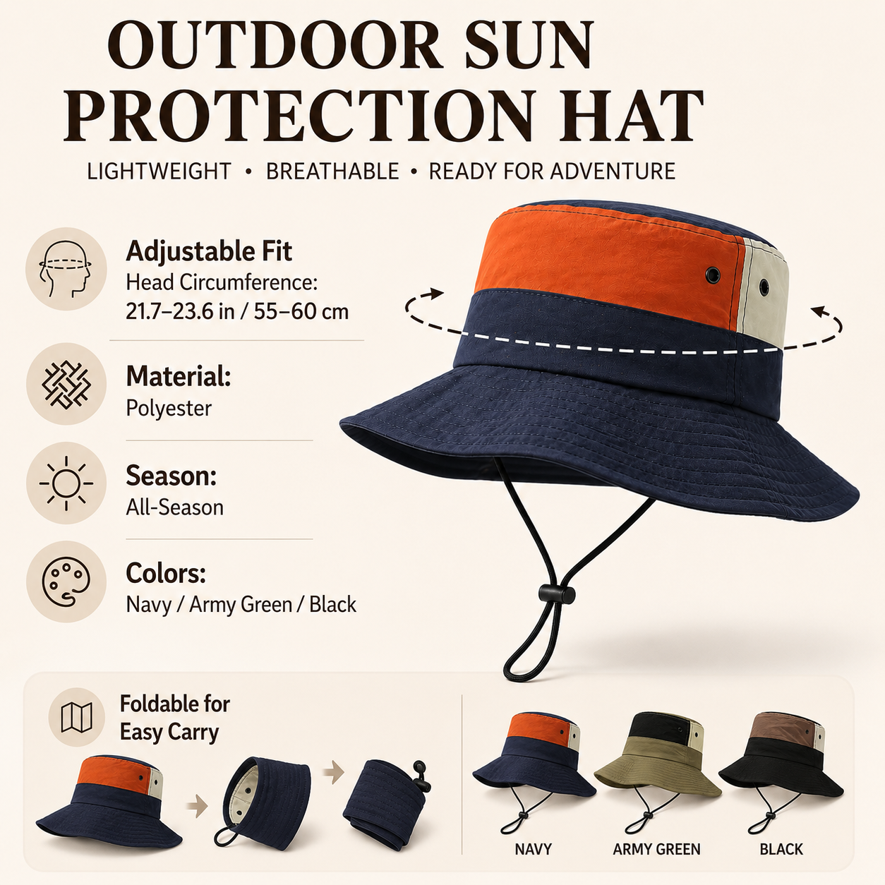 HatNoble foldable outdoor bucket hat in three colors including Navy, Army Green, and Black