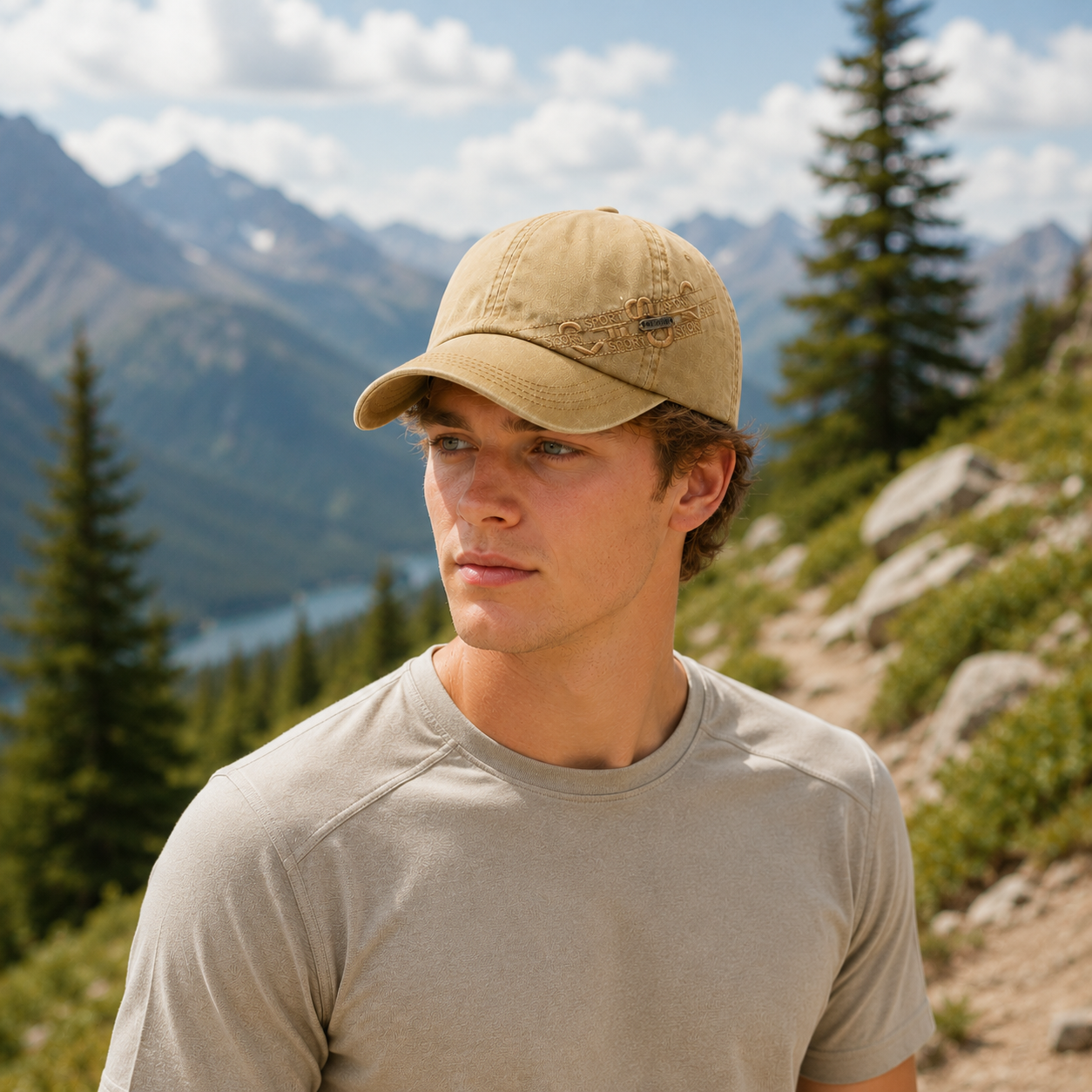 Khaki adjustable cotton baseball cap with embroidered side detail and curved brim
