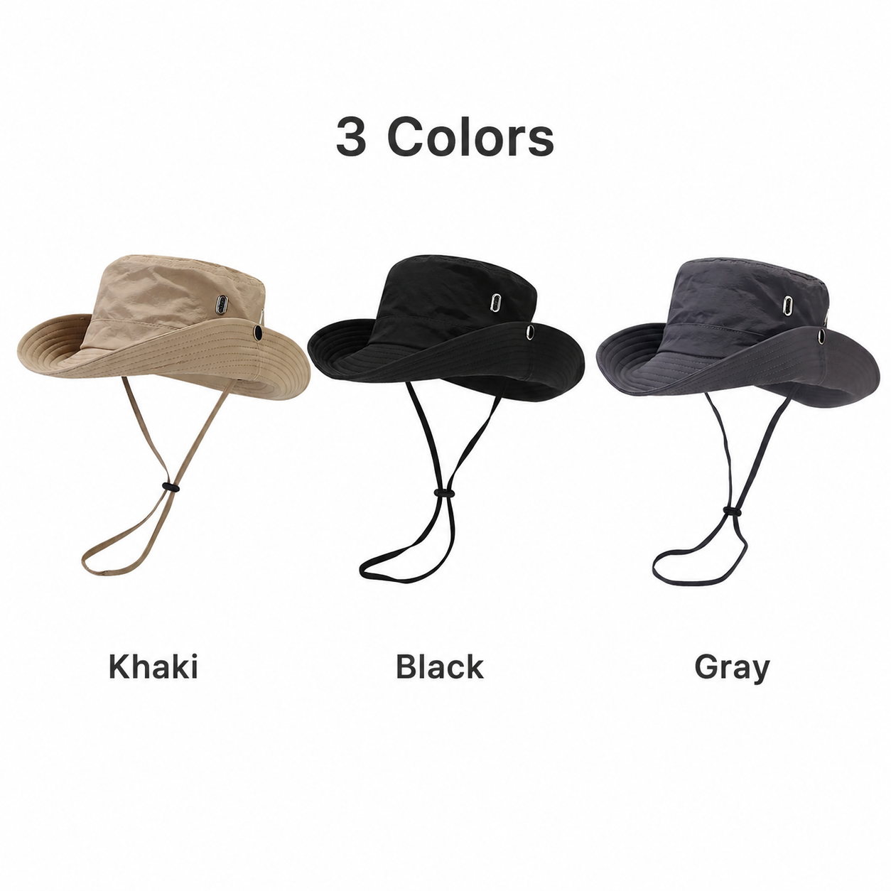 Three color options for outdoor sun hat showing khaki, black, and gray wide brim hiking bucket hats on a white background.