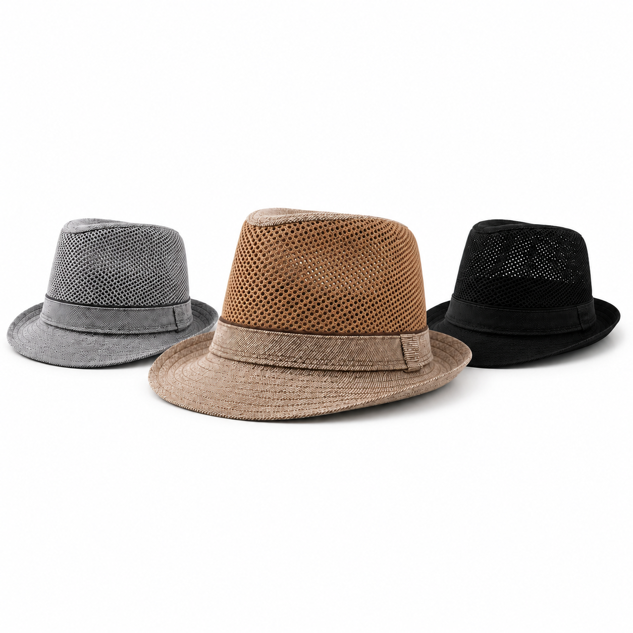 Man wearing khaki British vintage mesh fedora hat for breathable summer casual style