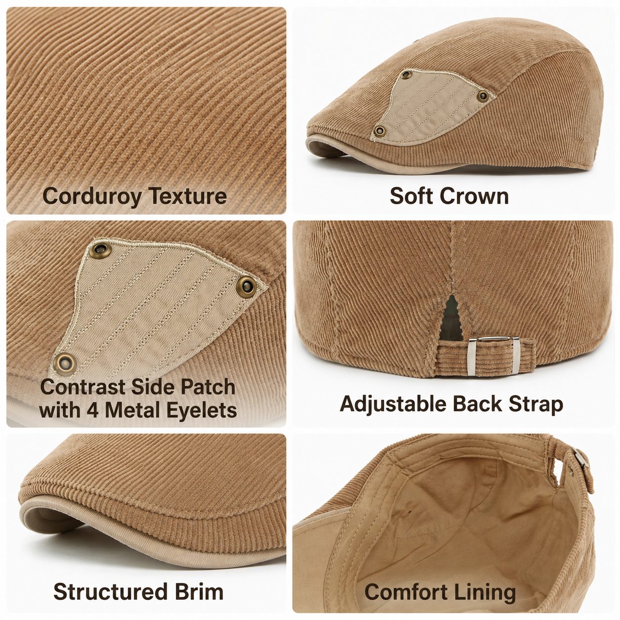 Khaki corduroy flat cap feature grid with texture, strap, brim, and lining