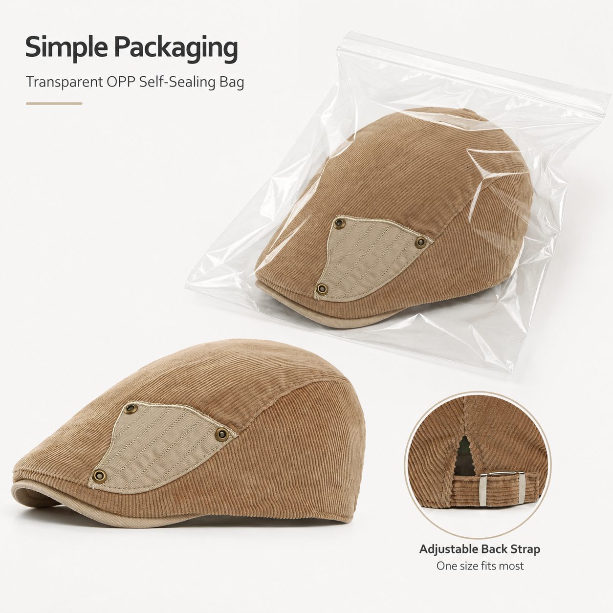 Khaki corduroy flat cap with simple transparent self-sealing bag packaging
