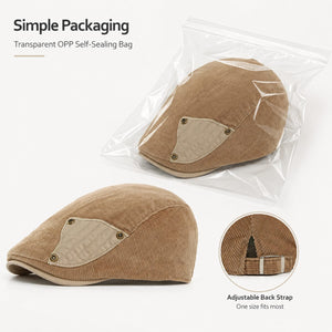 Khaki corduroy flat cap with simple transparent self-sealing bag packaging