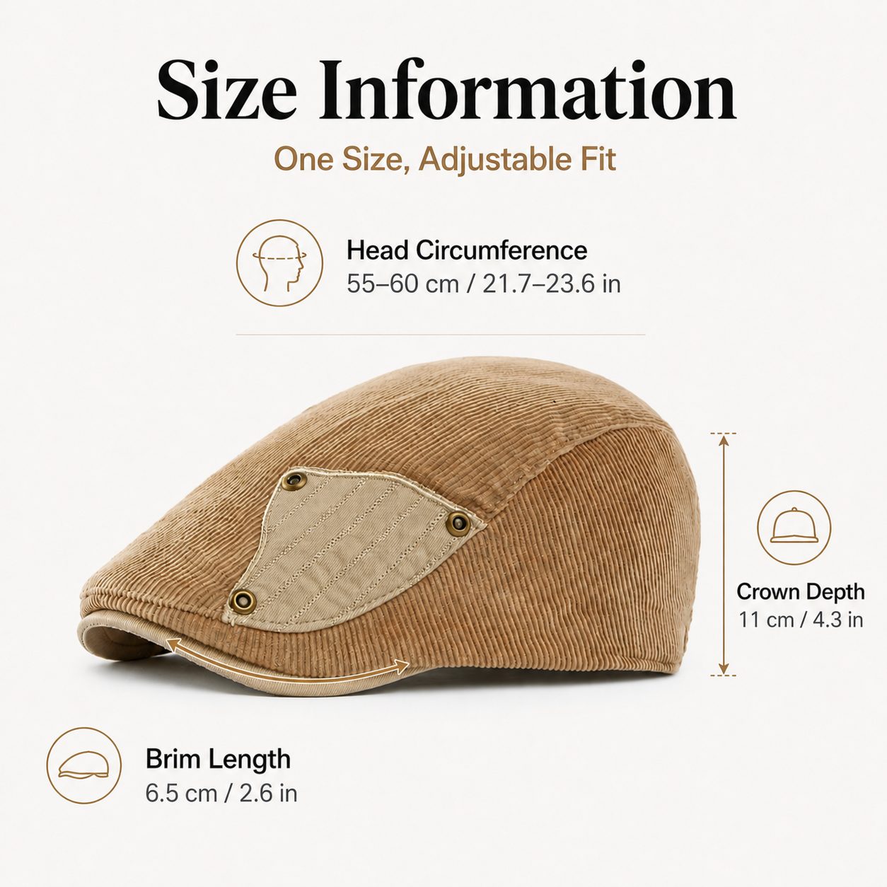 Khaki corduroy flat cap size guide with brim length and crown depth