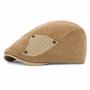 Khaki corduroy flat cap on white background for color variant