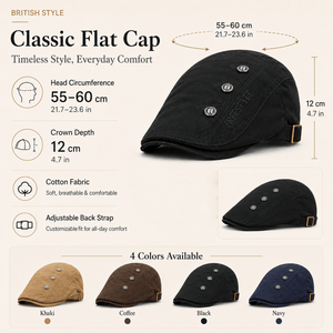 Khaki cotton flat cap detail image showing breathable lining, structured brim, metal accents, and adjustable back strap.