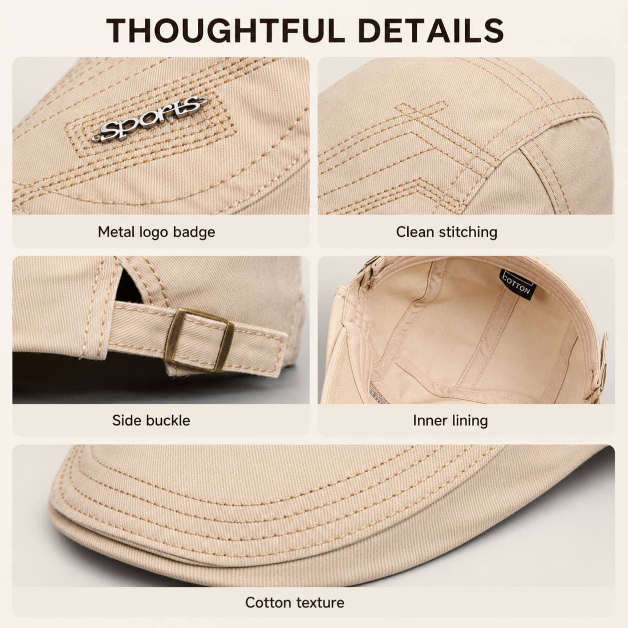 Khaki cotton ivy cap detail grid showing metal logo, buckle, lining, and cotton texture