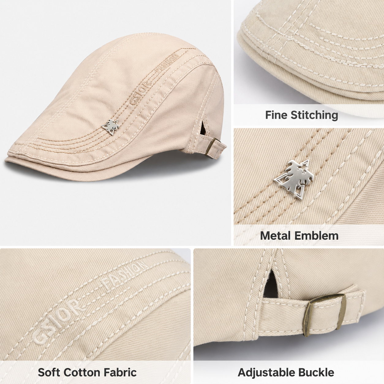 Specifications image for khaki cotton flat cap with size measurements