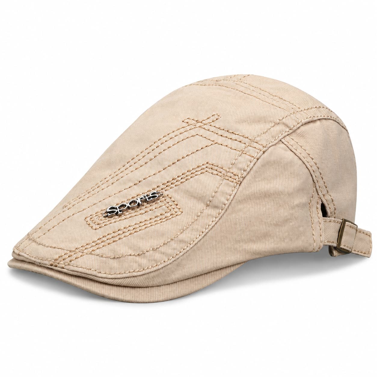 Khaki cotton ivy flat cap with classic stitching on white background