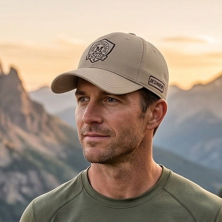 Khaki embroidered cotton baseball cap with soft crown, curved brim, and adjustable back strap