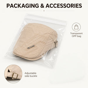 Khaki cotton flat cap packed in a transparent OPP bag with side buckle detail