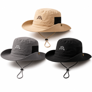 Khaki, gray, and black outdoor bucket hats with adjustable chin cords, breathable mesh panels, and wide brim sun coverage