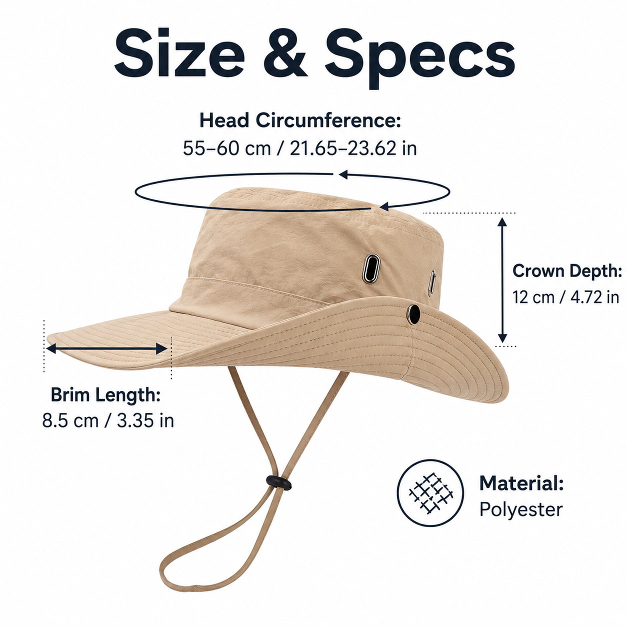 Khaki hiking bucket hat size and specs showing 55–60 cm head circumference, 12 cm crown depth, 8.5 cm brim, and polyester material.