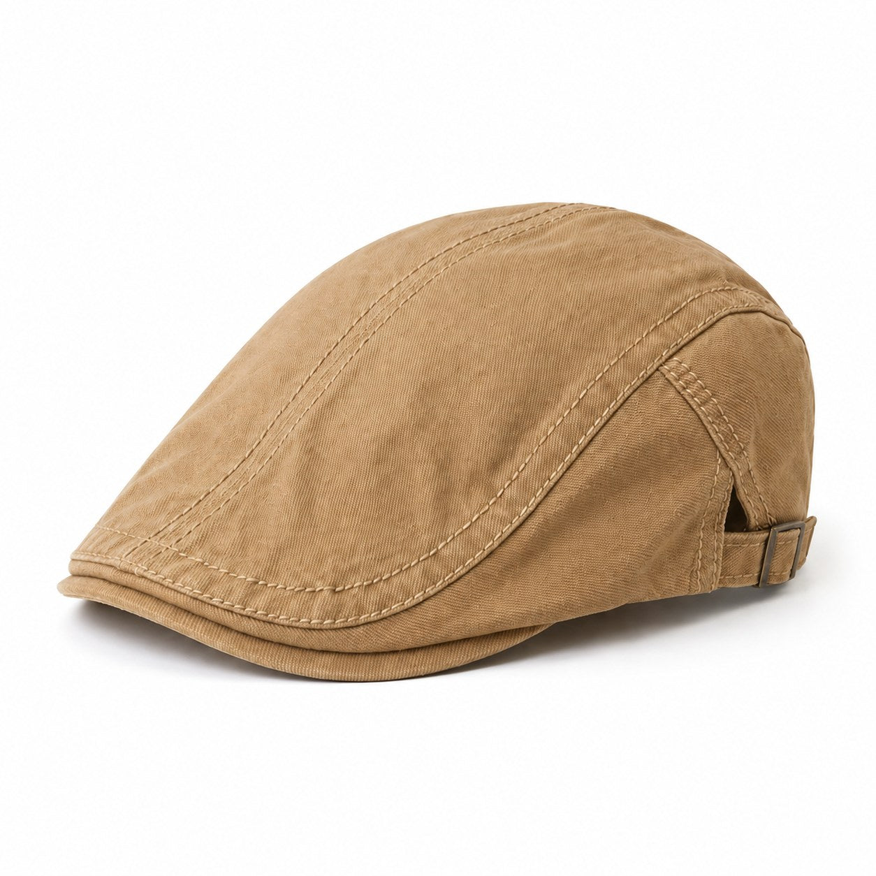 Khaki men's adjustable flat cap made from cotton with a classic ivy style and clean white background.