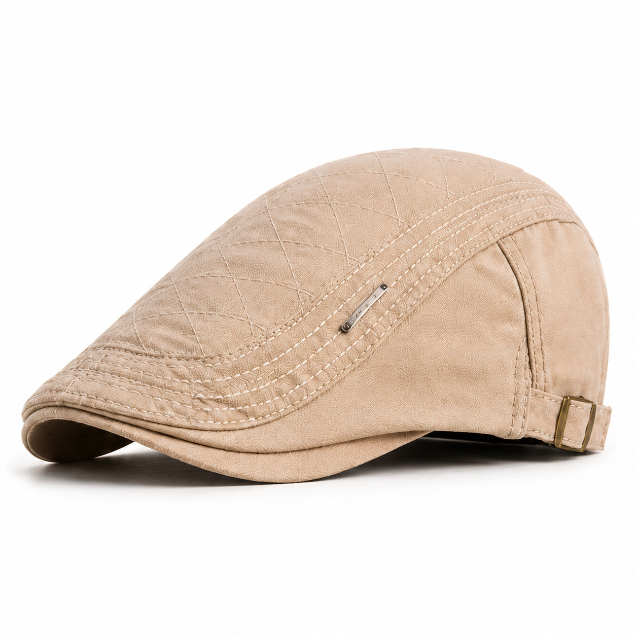 Khaki men's adjustable quilted flat cap with classic ivy style and clean white background.