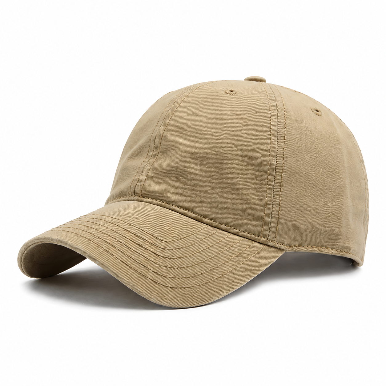 Khaki men's cotton baseball cap with a curved brim, stitched panels, and casual everyday style on a white background.