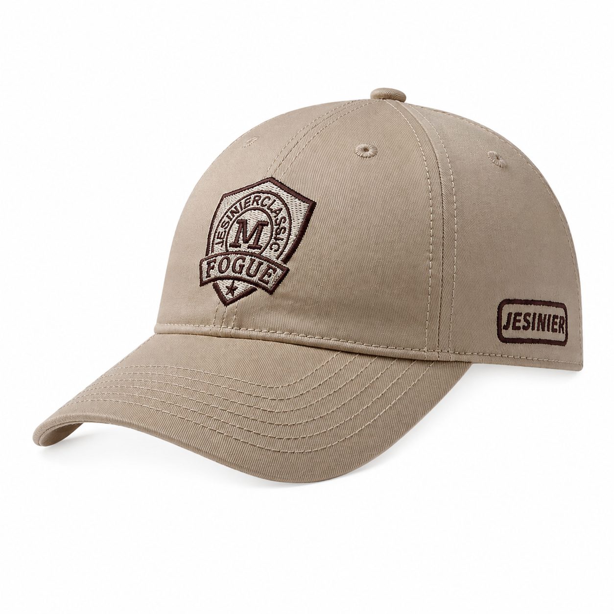 Khaki men's embroidered baseball cap with curved brim, front patch detail, and casual everyday style on a clean white background.