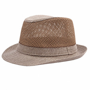 Khaki men's mesh fedora hat with breathable mesh crown, short brim, and lightweight casual summer style on a clean white background.