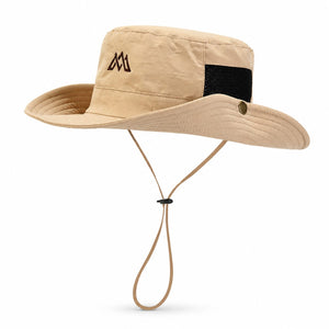 Khaki men's outdoor wide brim sun hat with chin cord, breathable mesh side panel, and lightweight hiking style on a clean white background.