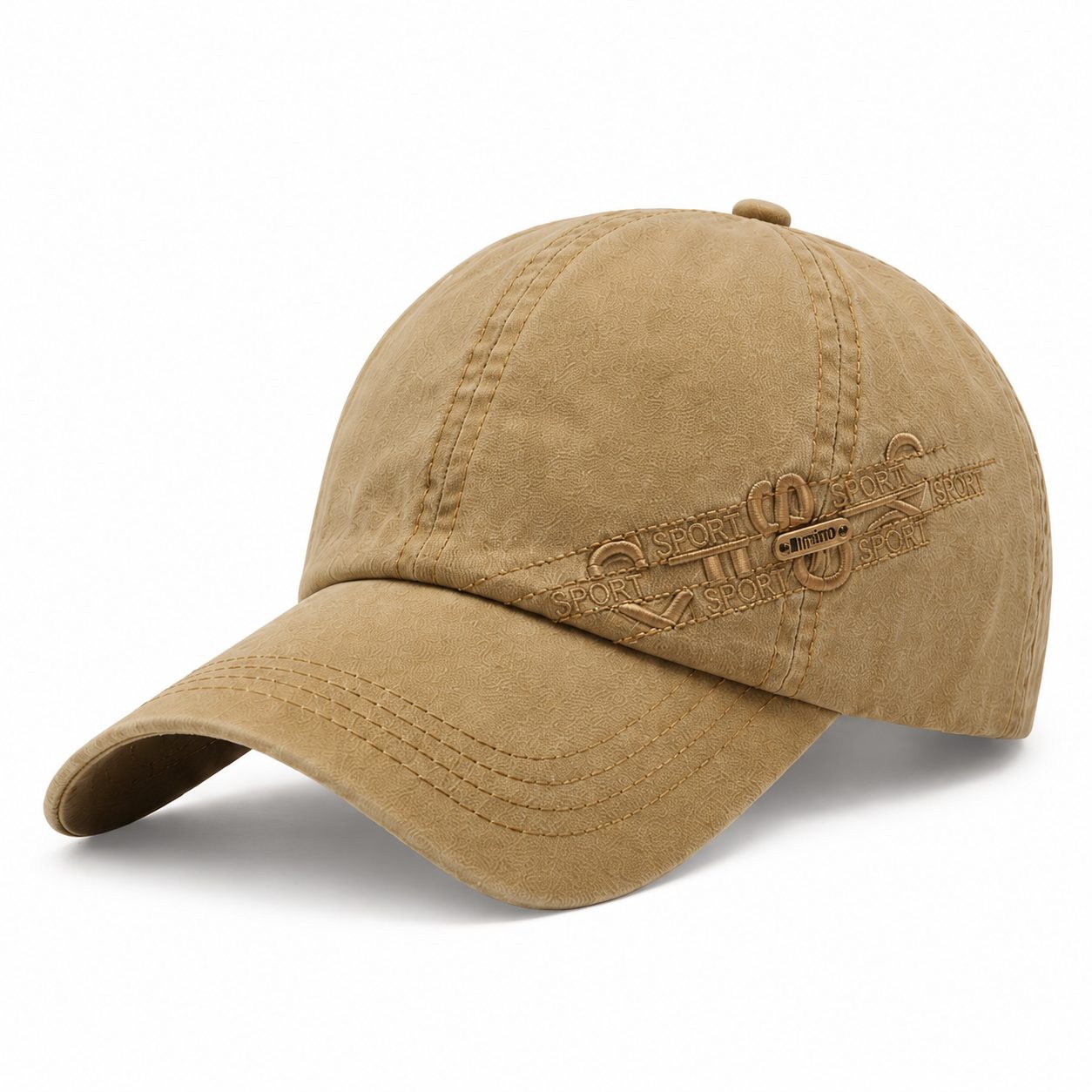 Khaki men's textured baseball cap with curved brim, side sport detail, and classic casual design on a clean white background.