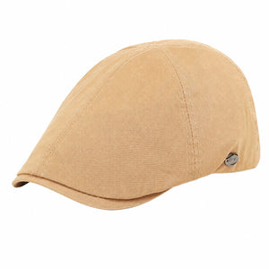 Khaki men's vintage flat cap with cotton texture, classic newsboy shape, and clean white background.